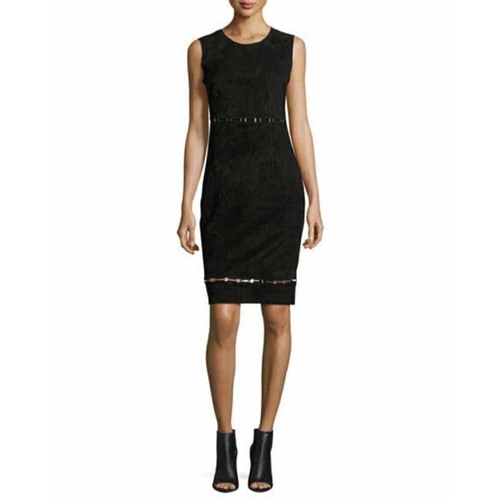 Elie Tahari Sz 2 Black Genuine Suede Leather Sheath Pencil Dress Stretch